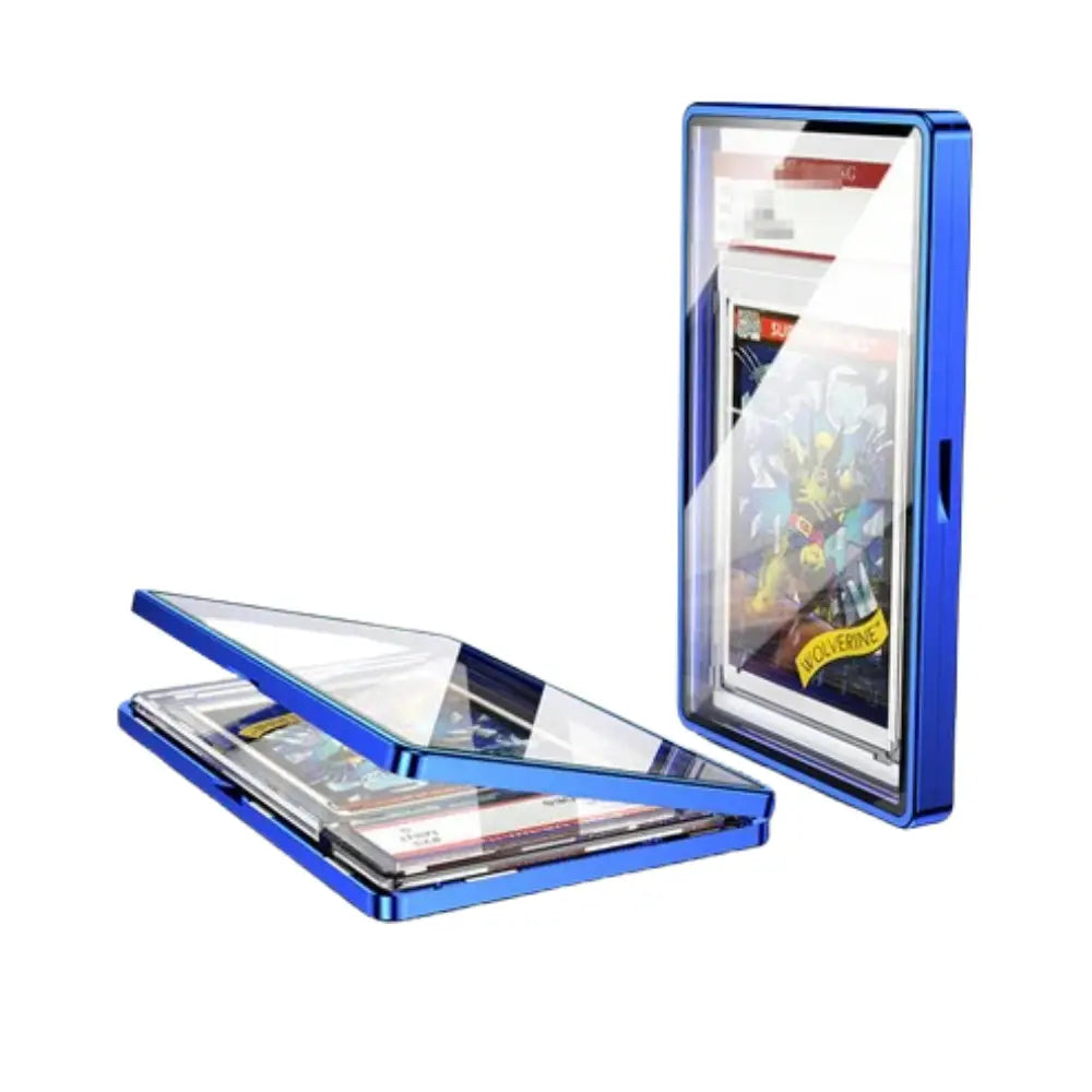 Scratch-resistant magnetic graded card slab case with a premium black metal frame and crystal-clear acrylic display for TCG collectors.