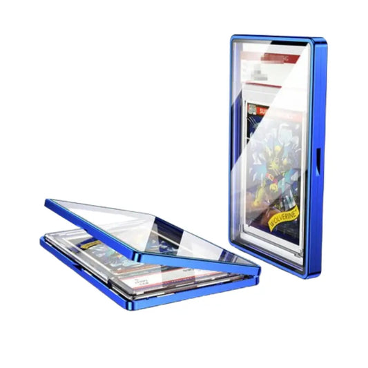 Scratch-resistant magnetic graded card slab case with a premium black metal frame and crystal-clear acrylic display for TCG collectors.