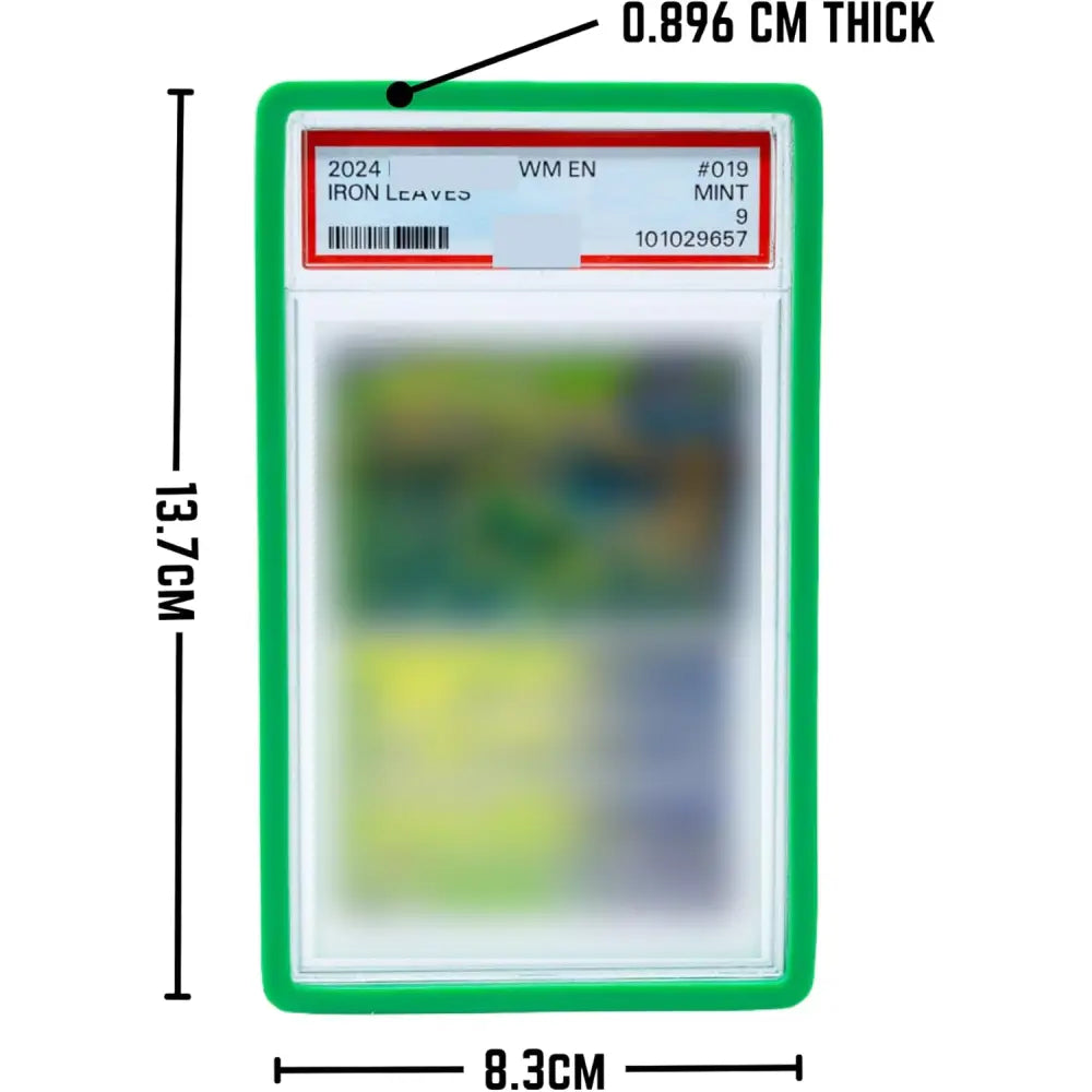Dimensions of a green PSA slab bumper guard measuring 13.7cm by 8.3cm and 0.896cm thick for precision-fit graded card protection.