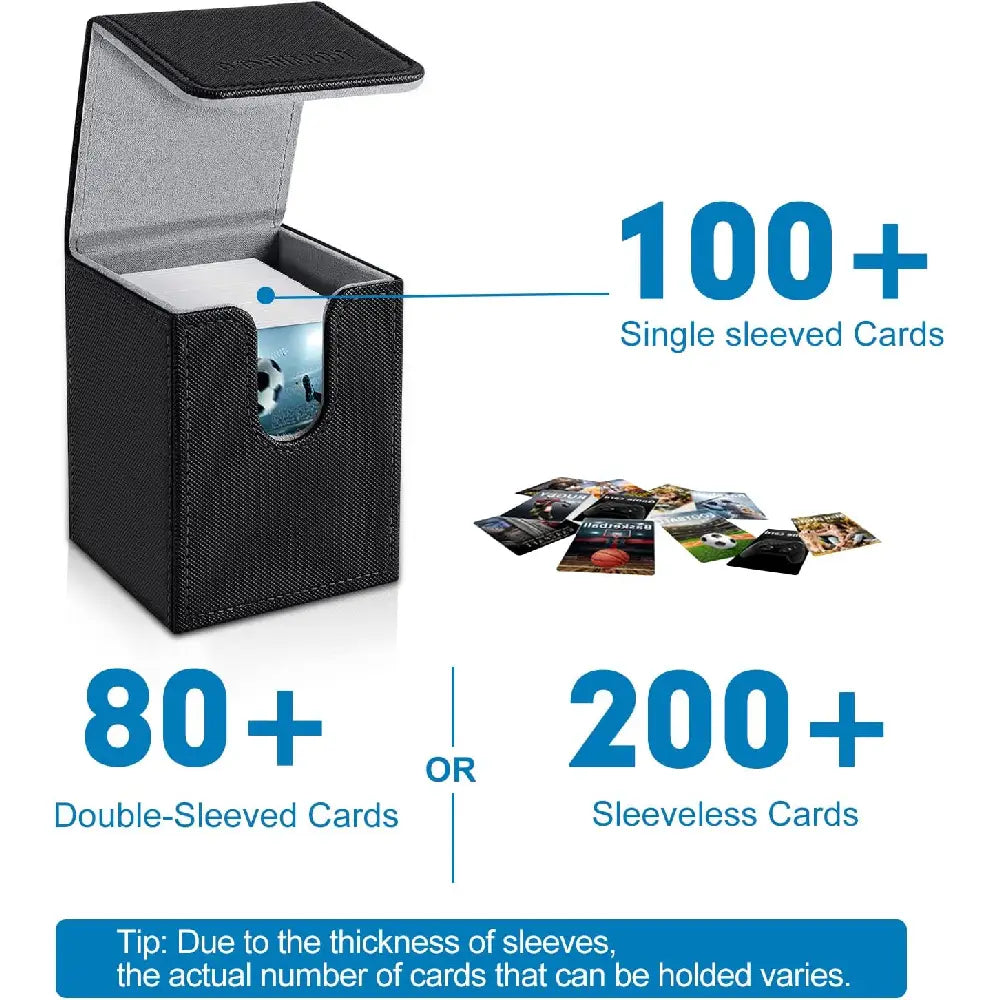 Mlikero deck box capacity guide showing storage for 100 plus single-sleeved cards, 80 plus double-sleeved cards, or 200 plus sleeveless TCG cards.